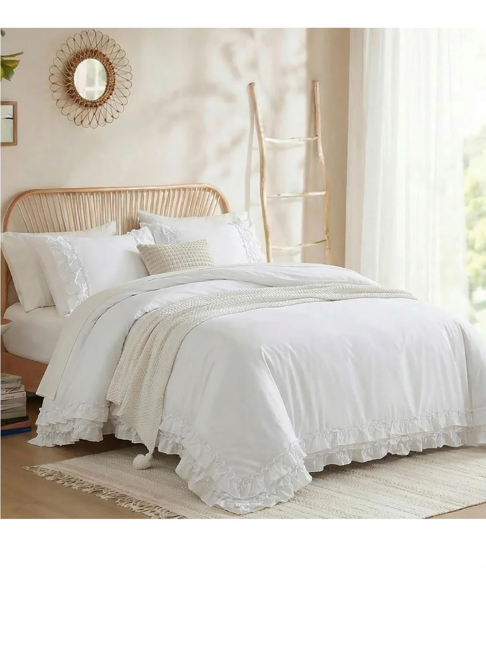Merryword 100% Cotton Ruffled Comforter Set King, White Shabby Chic Farmhouse